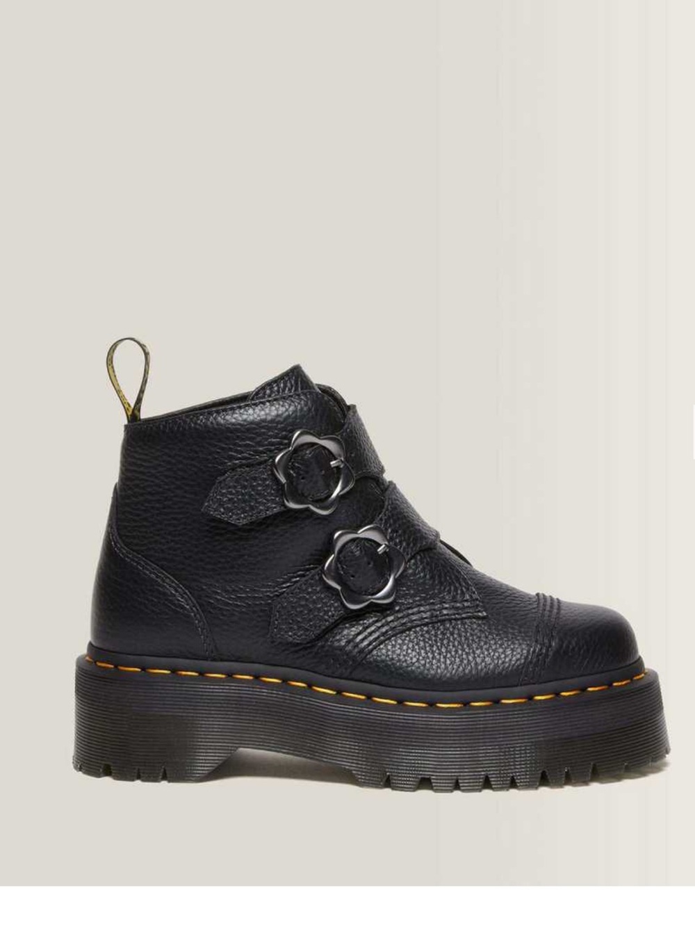 Dr. Martens Black Leather Platform Boots with Flower Buckles